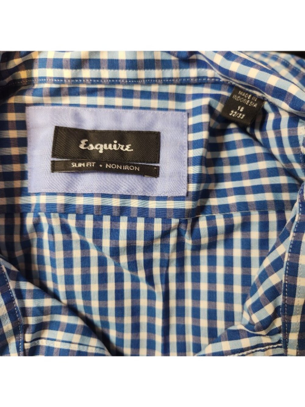 Esquire Blue Check Slim LongSlv Spread Collar Button Down Dress Shirt 16 / 32-33 - Picture 7 of 7